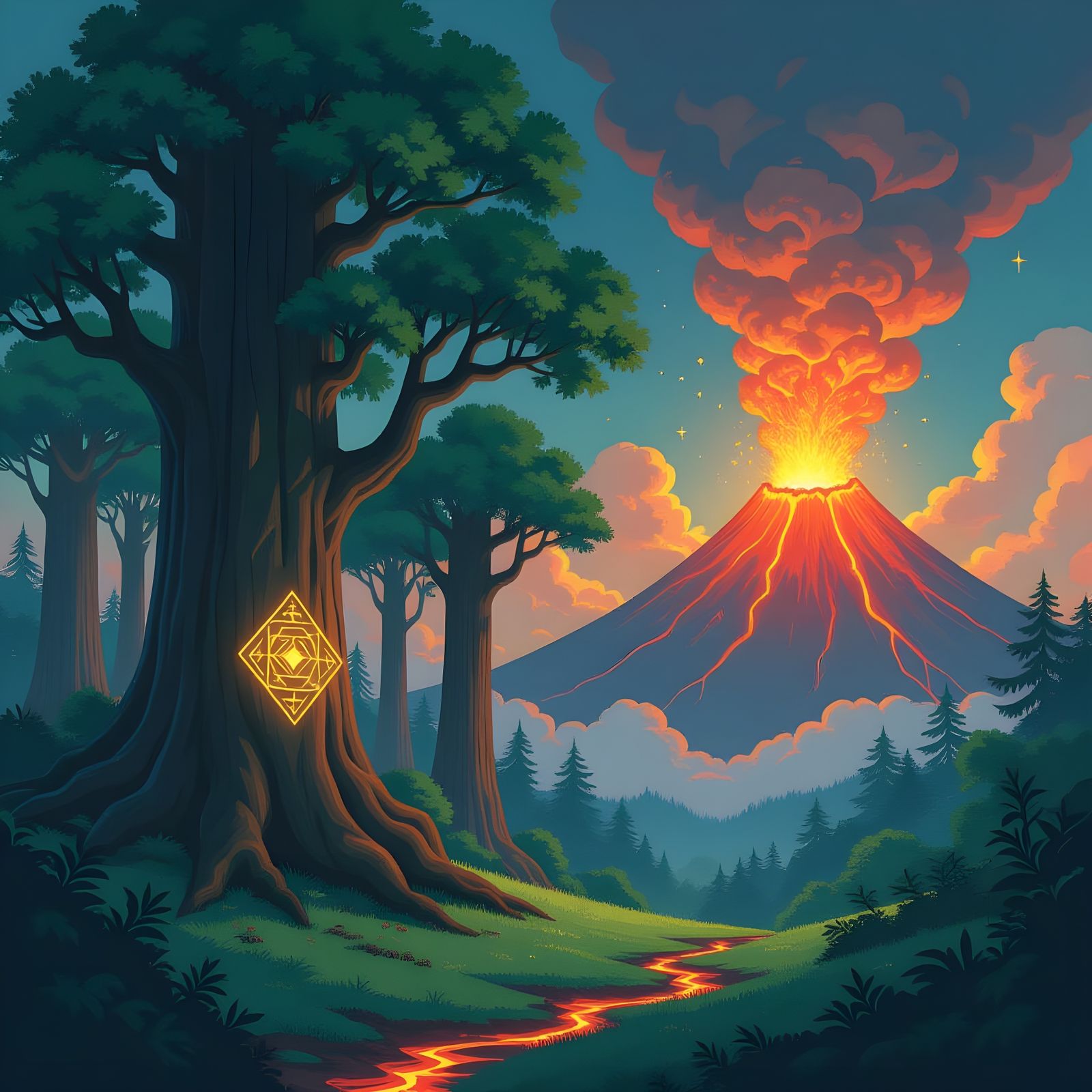 Forest vs Volcano: Nature's Opposites in Vintage Anime Art