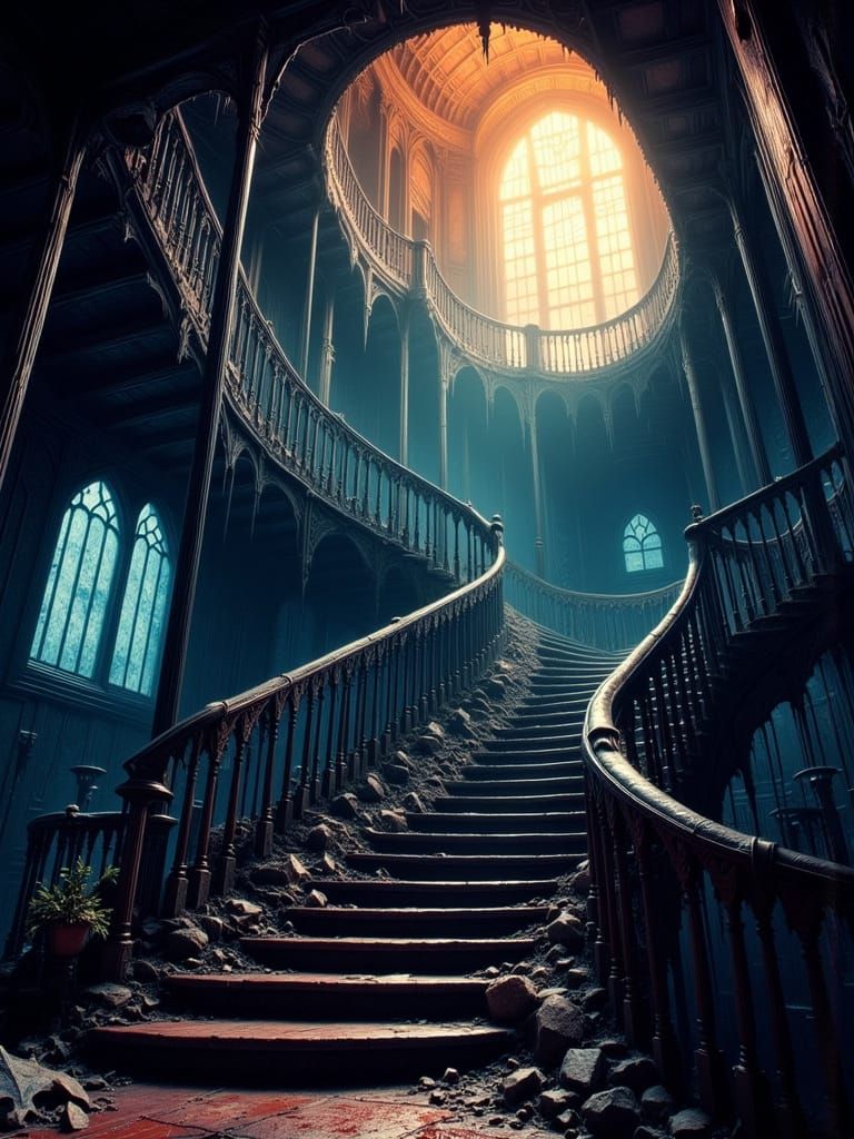 Ominous Spiraling Staircase with Godbeams and Moonlight
