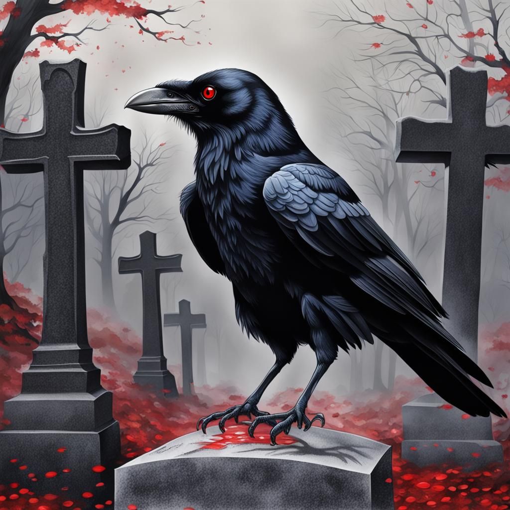 Hyperrealistic Crow with Red Eyes Among Tombstones