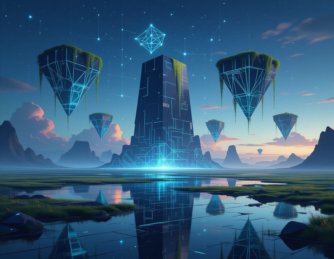 Alien Landscape with Luminous Floating Islands and Geometric...