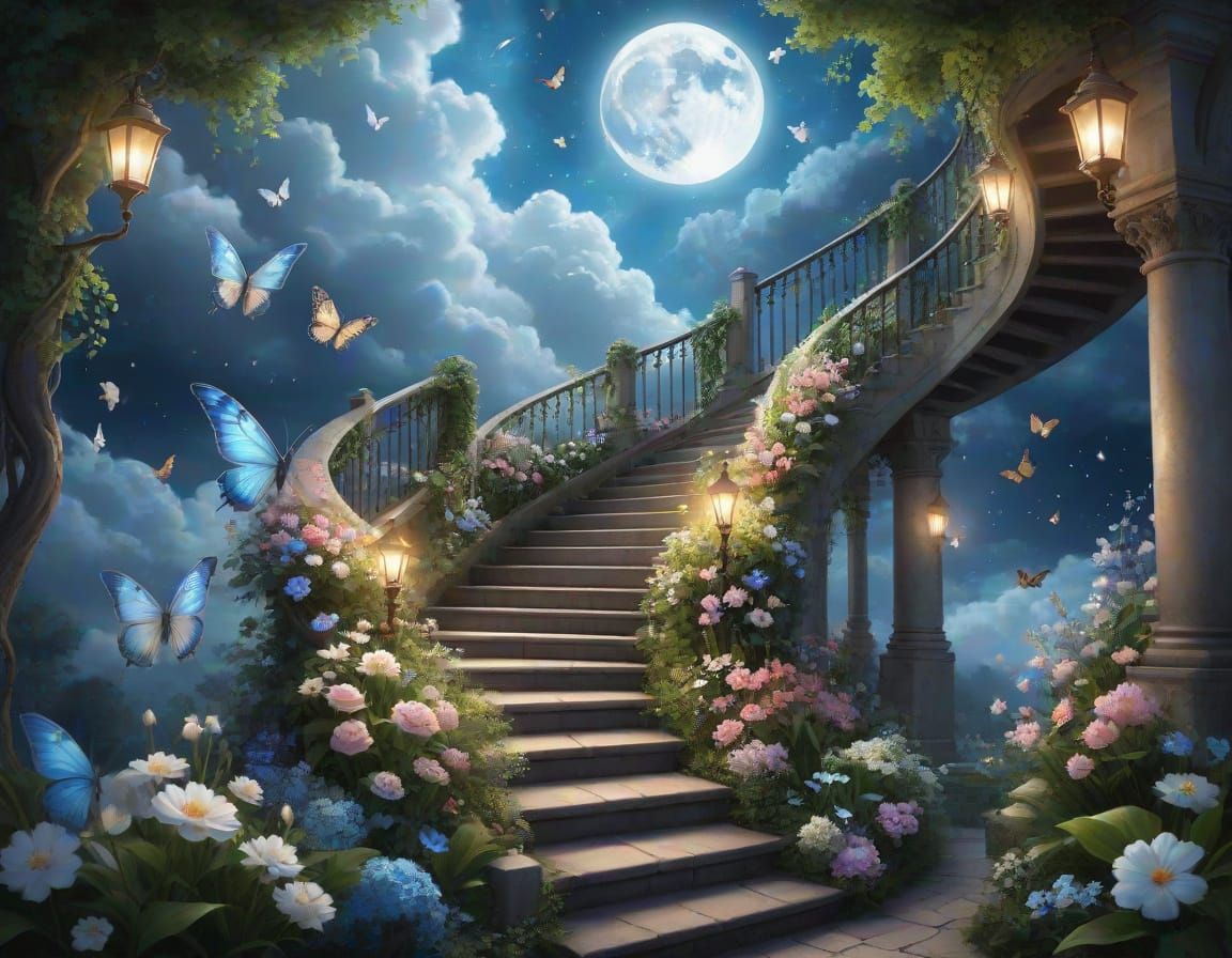 Ethereal Stairs Ascend From Lush Garden in Anime Style
