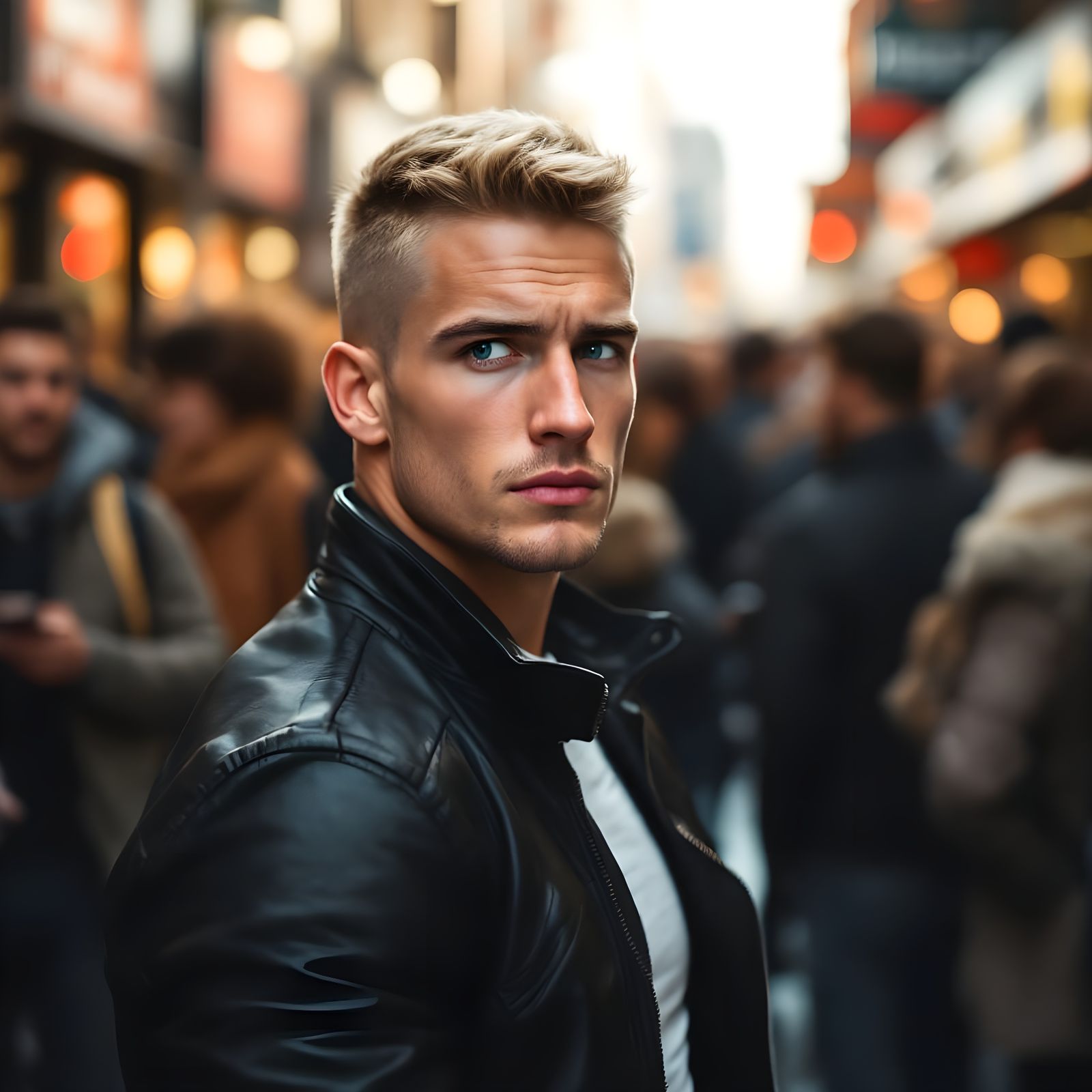 Brooding Athlete Amidst Black Friday Chaos in Moody Leather...