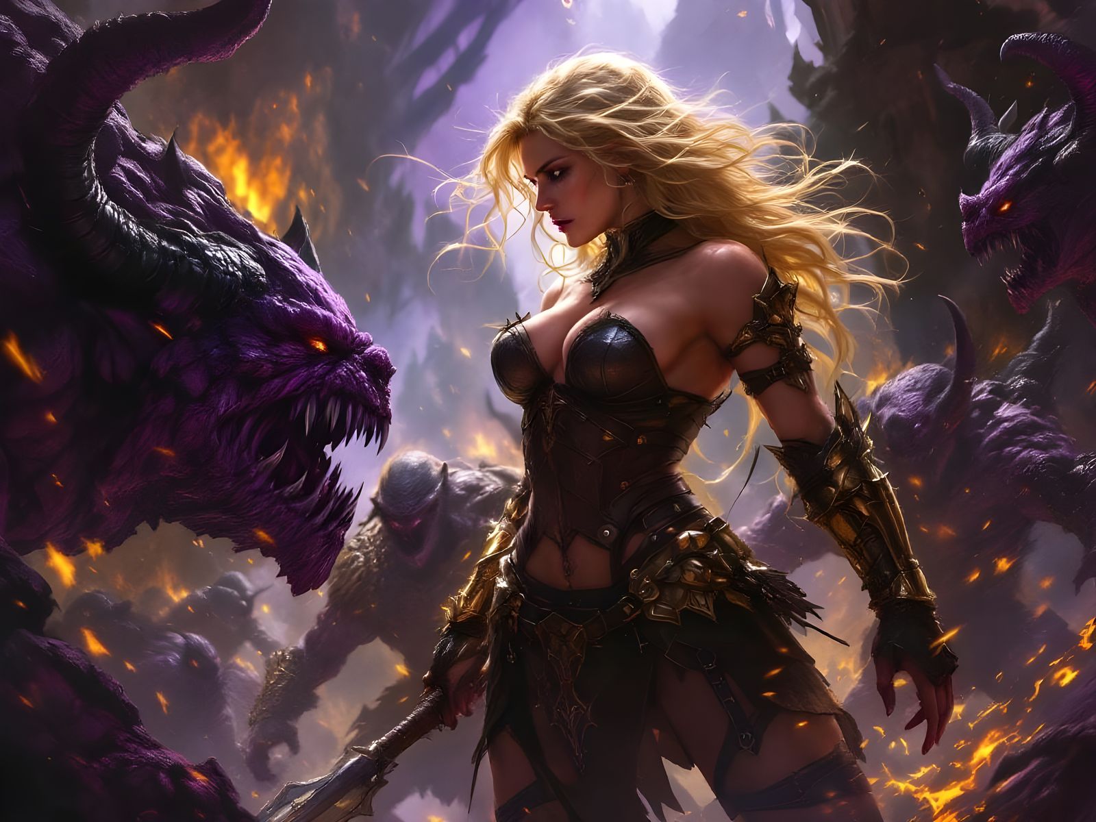 Blonde Warrior Fighting Orcs: Dark Fantasy Concept Art