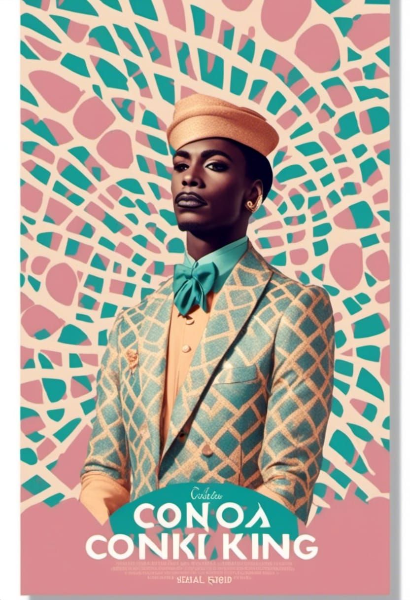 A poster for a Handsome Congolese drag king from a Wes Anderson movie in sad colors in the style of <lora:Drag Posters:1...