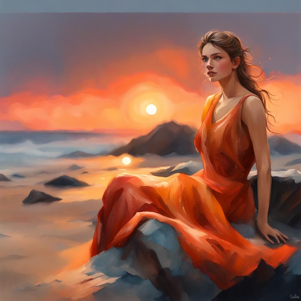 Sunset Beach Walker in Watercolor Style