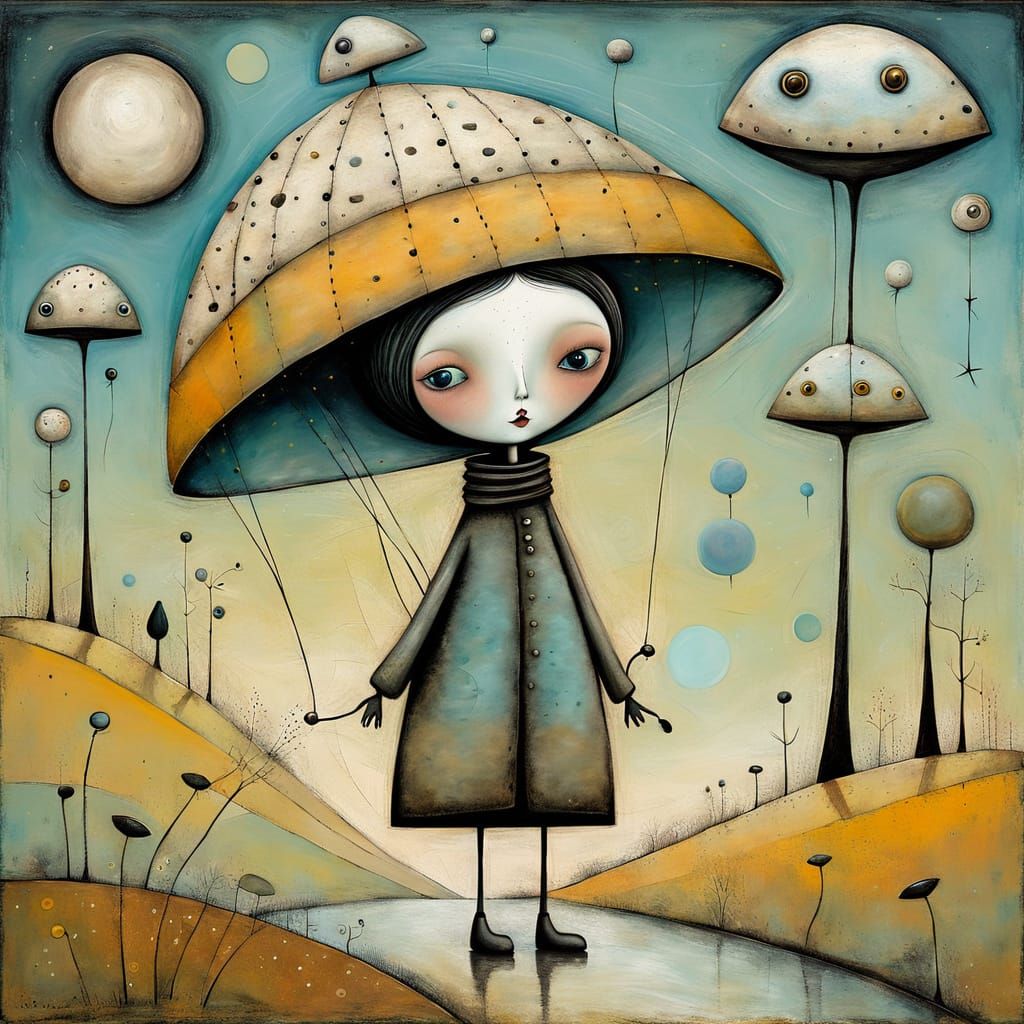 Whimsical Surrealist Painting of a Playful Wanderer in Dream...