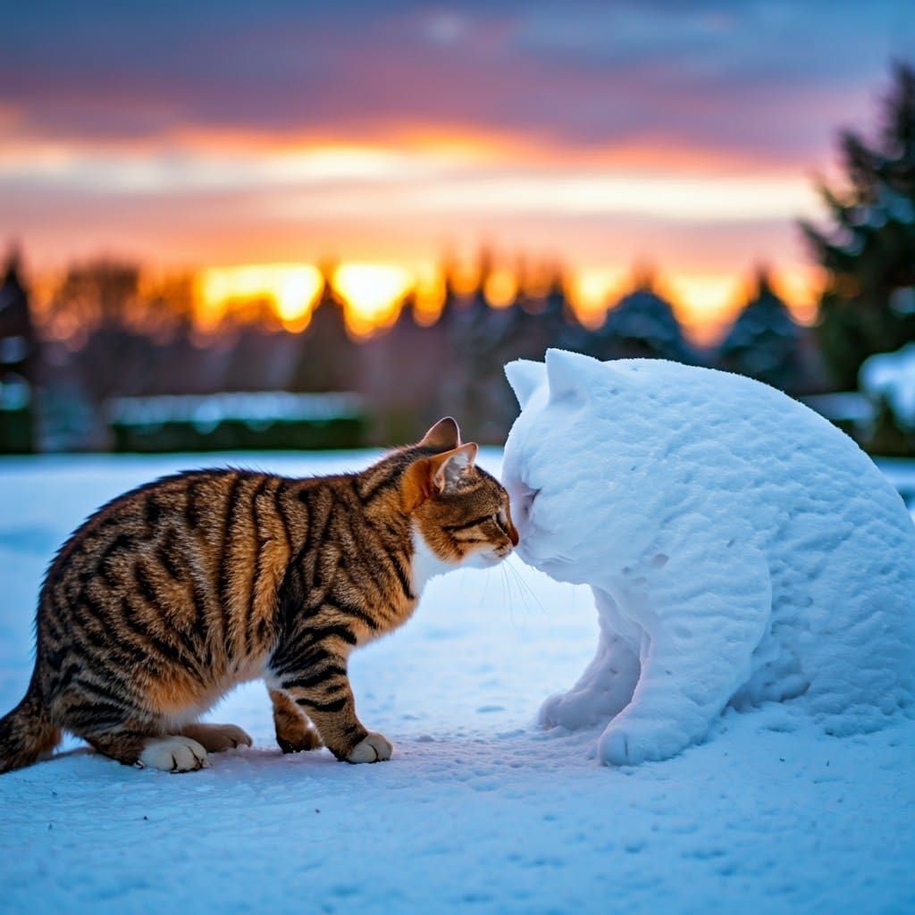 Snow Cat Sculpture in Garden at Sunset