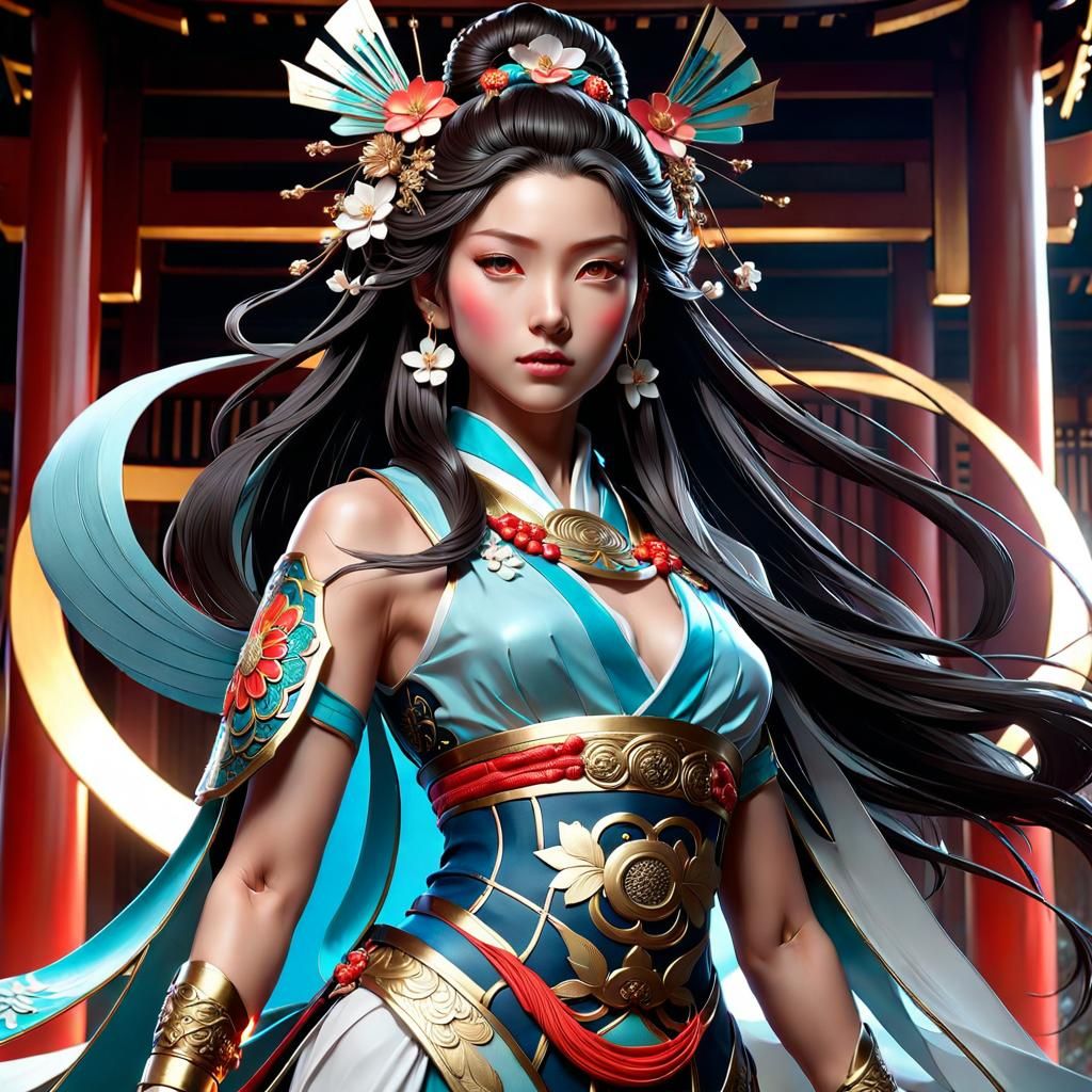 Detailed Japanese Goddess Portrait in Art Nouveau Style