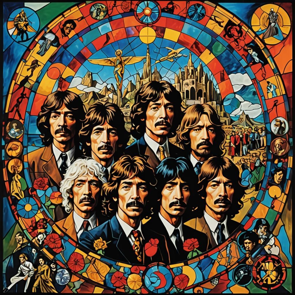 Surreal Rock Legends in Stained Glass Style