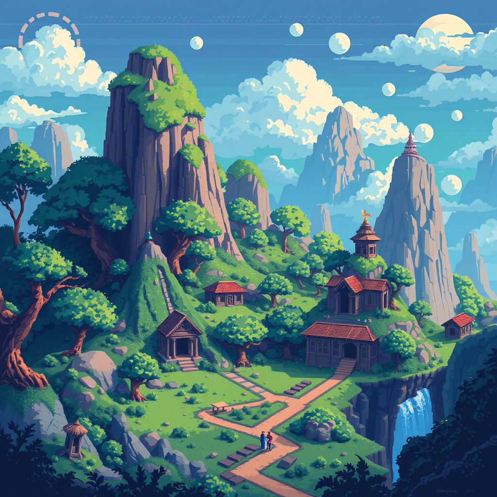 Nostalgic 8-Bit Landscape with Ancient Ruins
