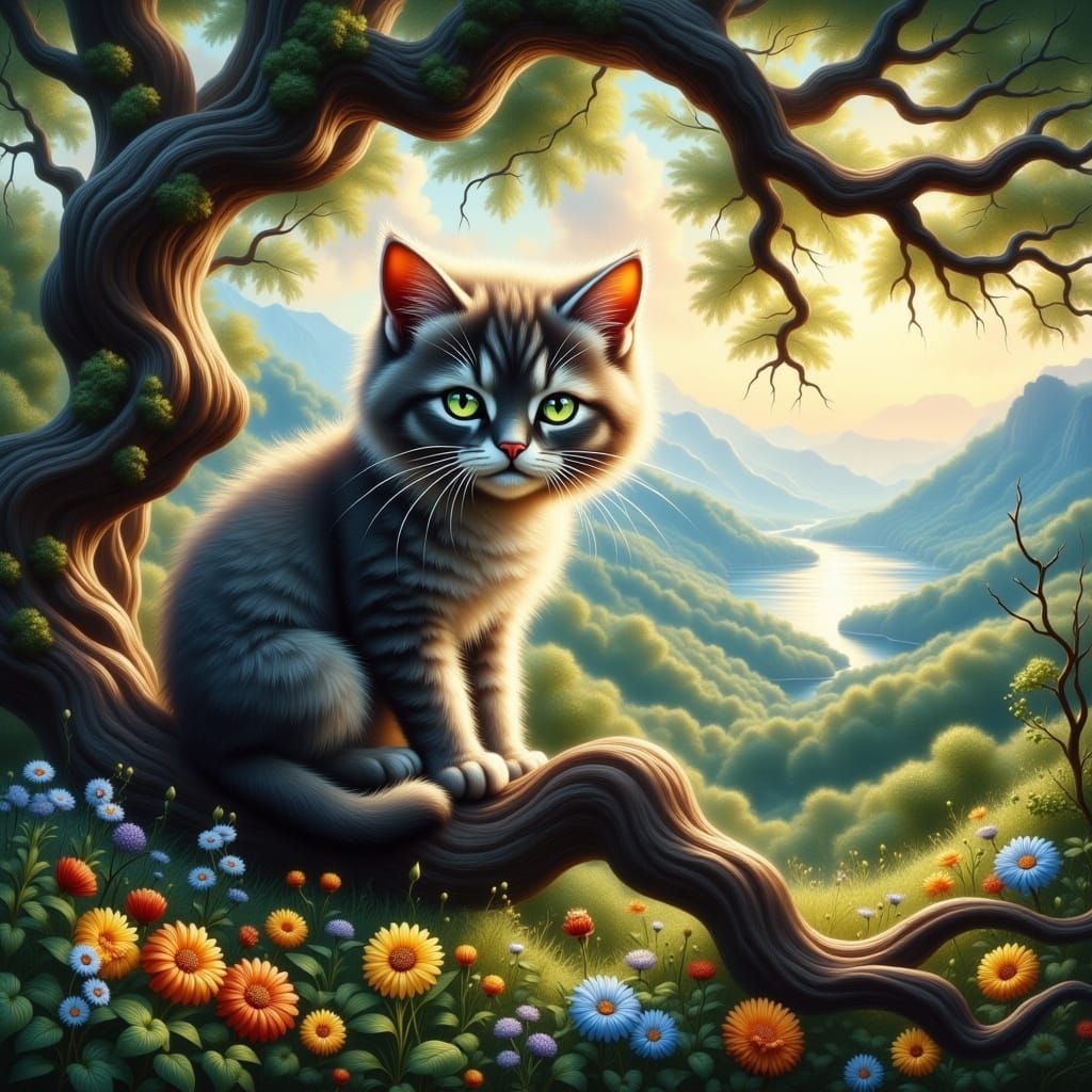 Grumpy Kitten in Ancient Tree with Endless Landscape