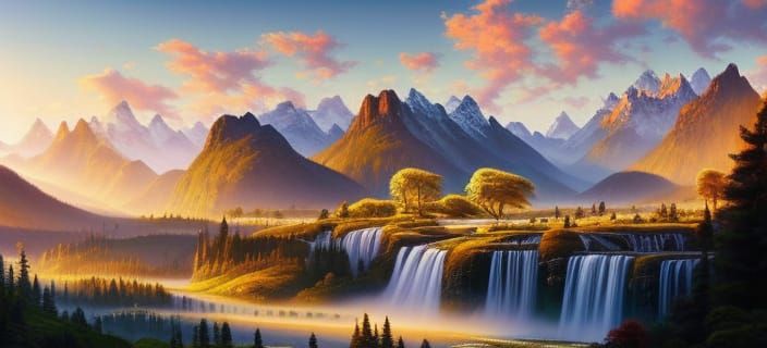 Hyperrealistic Skyline Painting with Golden Light