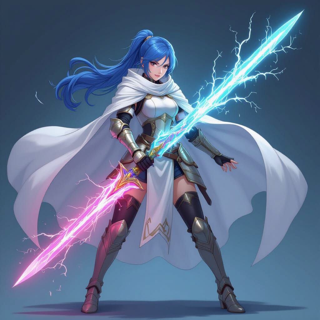 Anime Heroine with Electric Sword in Fantasy Style