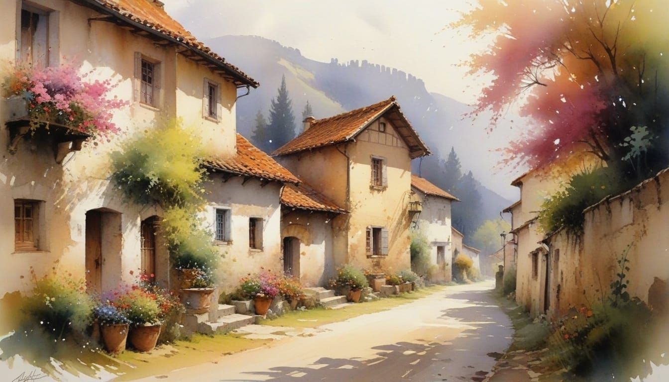 Bucolic Village Scene in Vibrant Watercolor Style