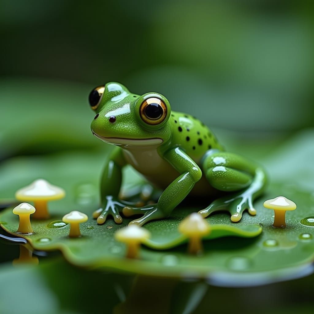 Tiny Emerald Frog on Lily Pad with Glowing Mushrooms
