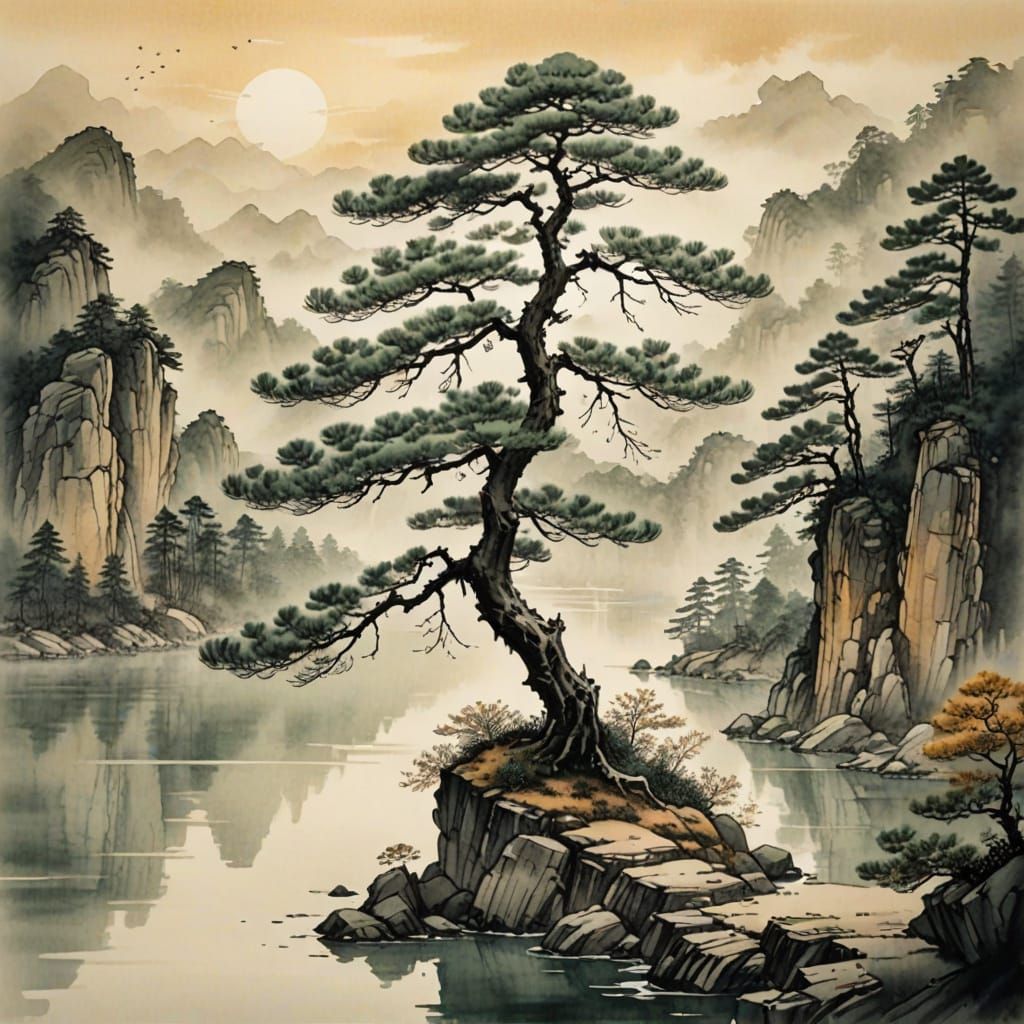 Serene Lakeside Pine in Chinese Ink Art
