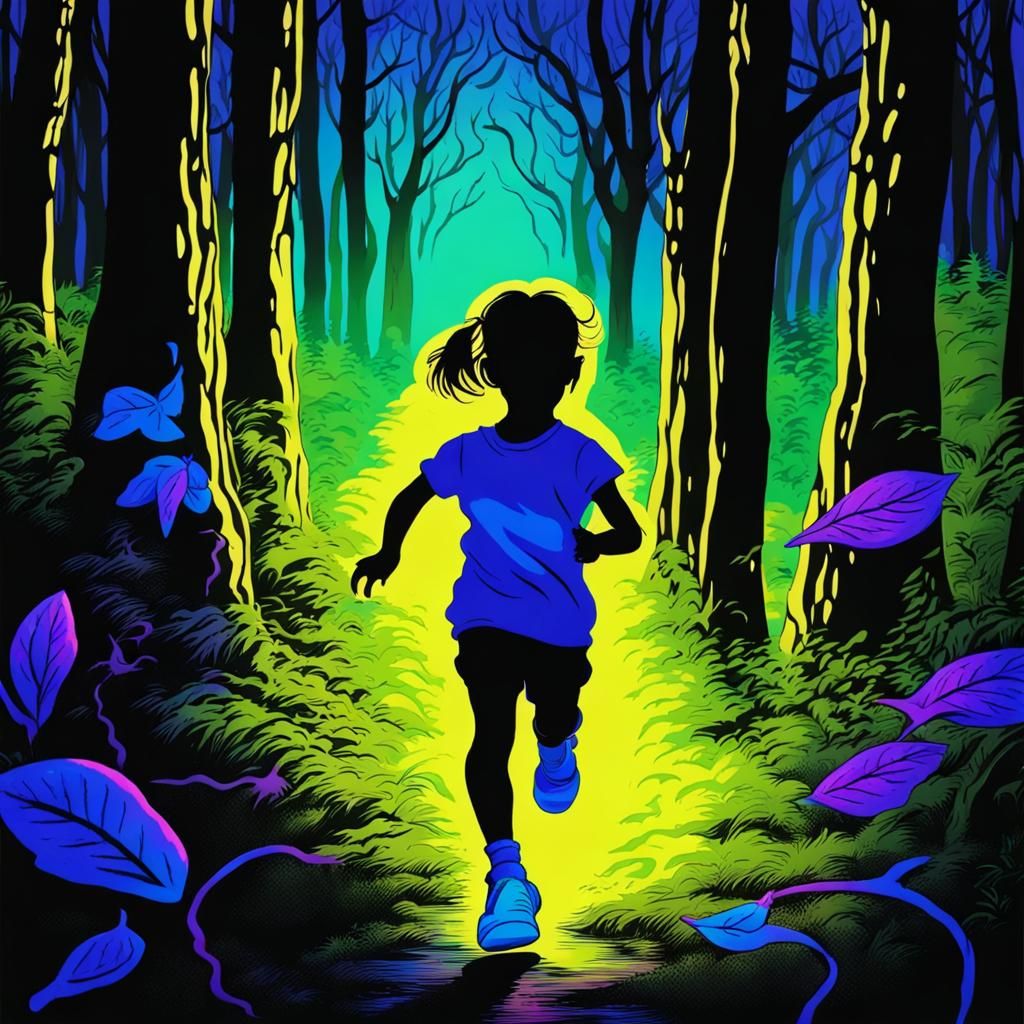 Children Run in Black Light Forest