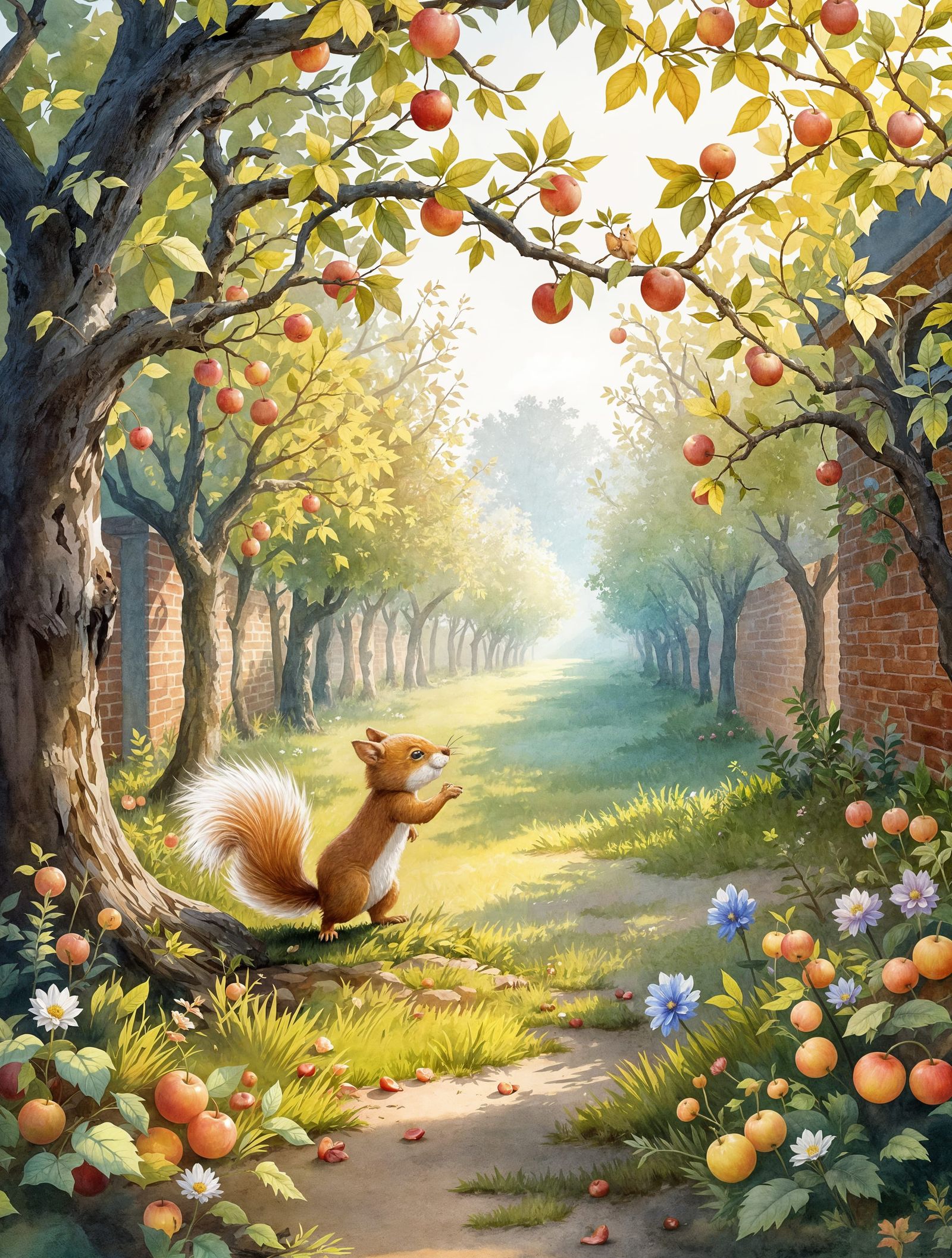 Surreal Watercolor Orchard Scene with Playful Squirrel