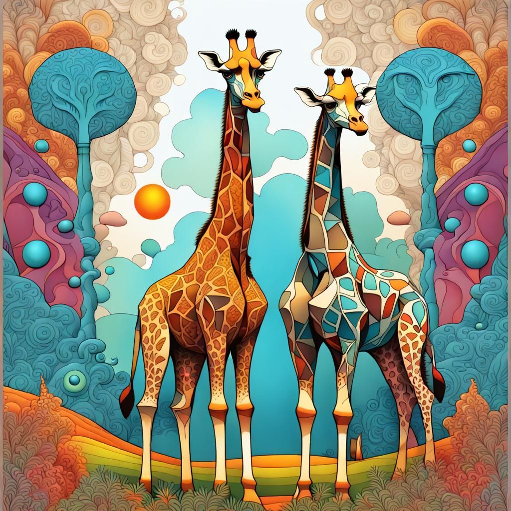 Prairie Scene with Giraffes and Monkeys in Neo-Primitivism S...