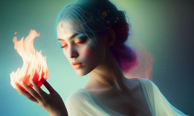 Mystic Woman Holds Burning Flame: Photorealistic Rendering