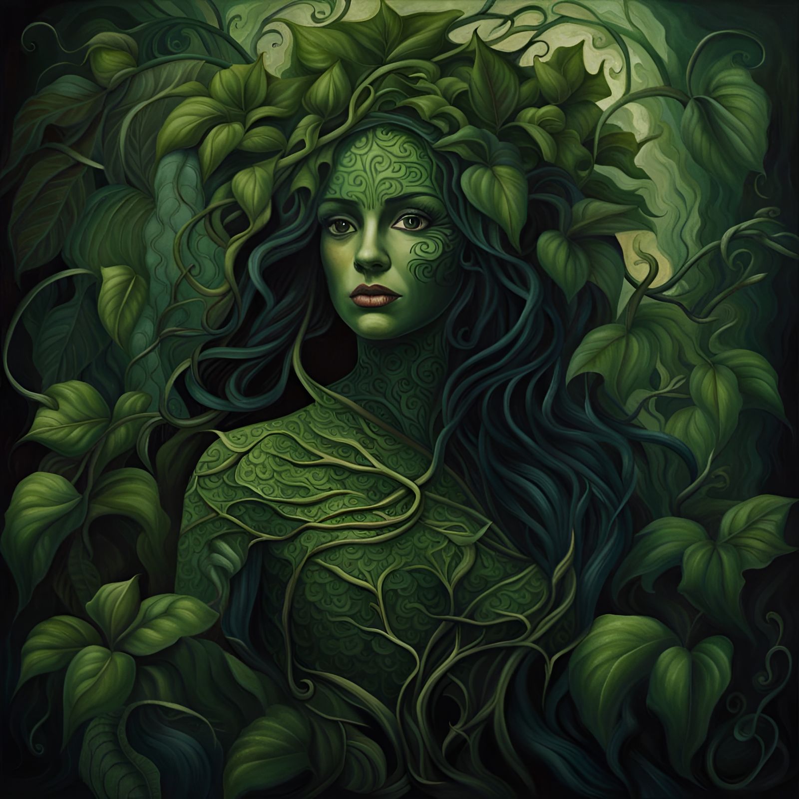 Beautiful Plant Woman in Dark Botanical Garden