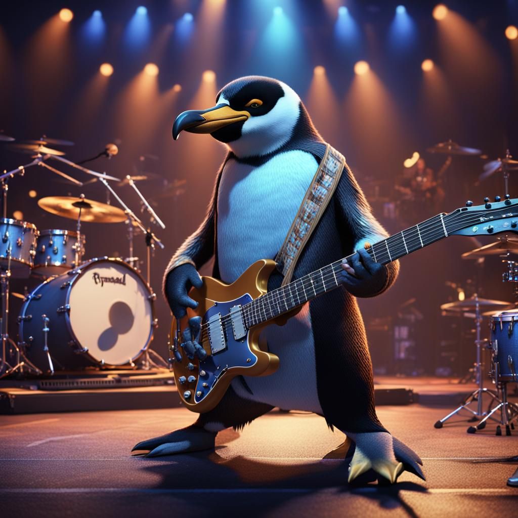 Penguin Rock Stars on Concert Stage: Fantasy Art