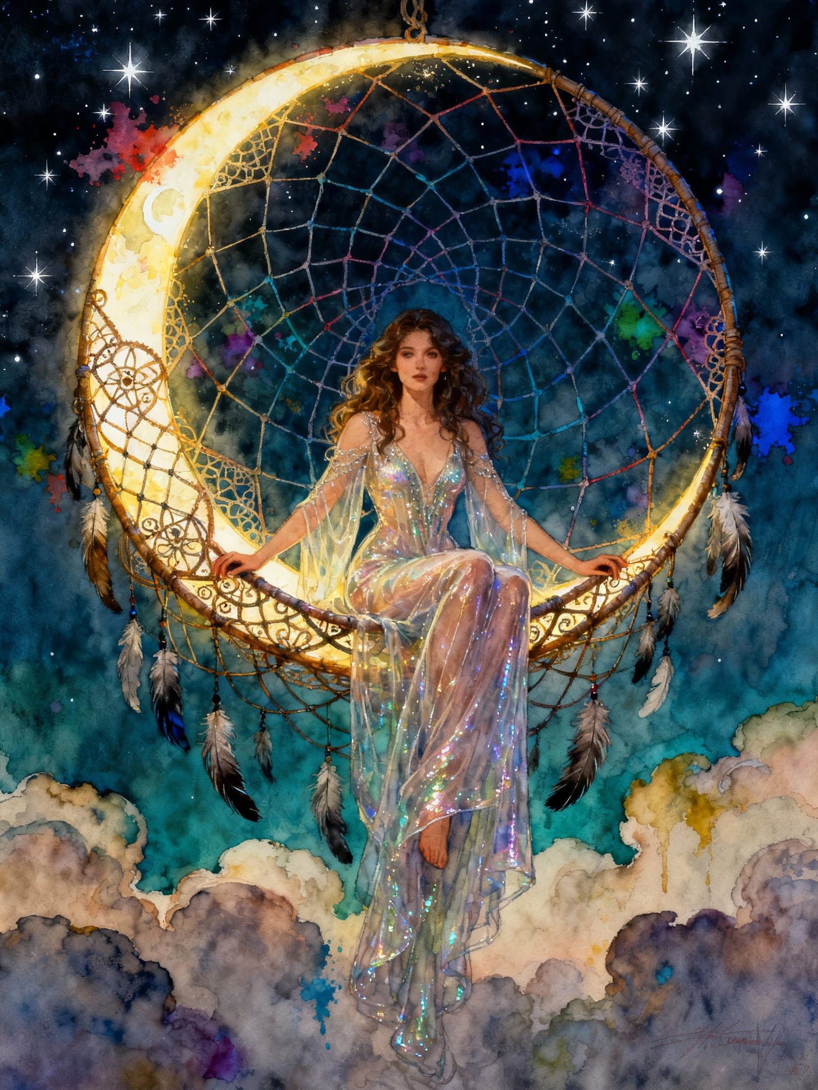Ethereal Woman in Moon Dreamcatcher, Celestial Night Scene