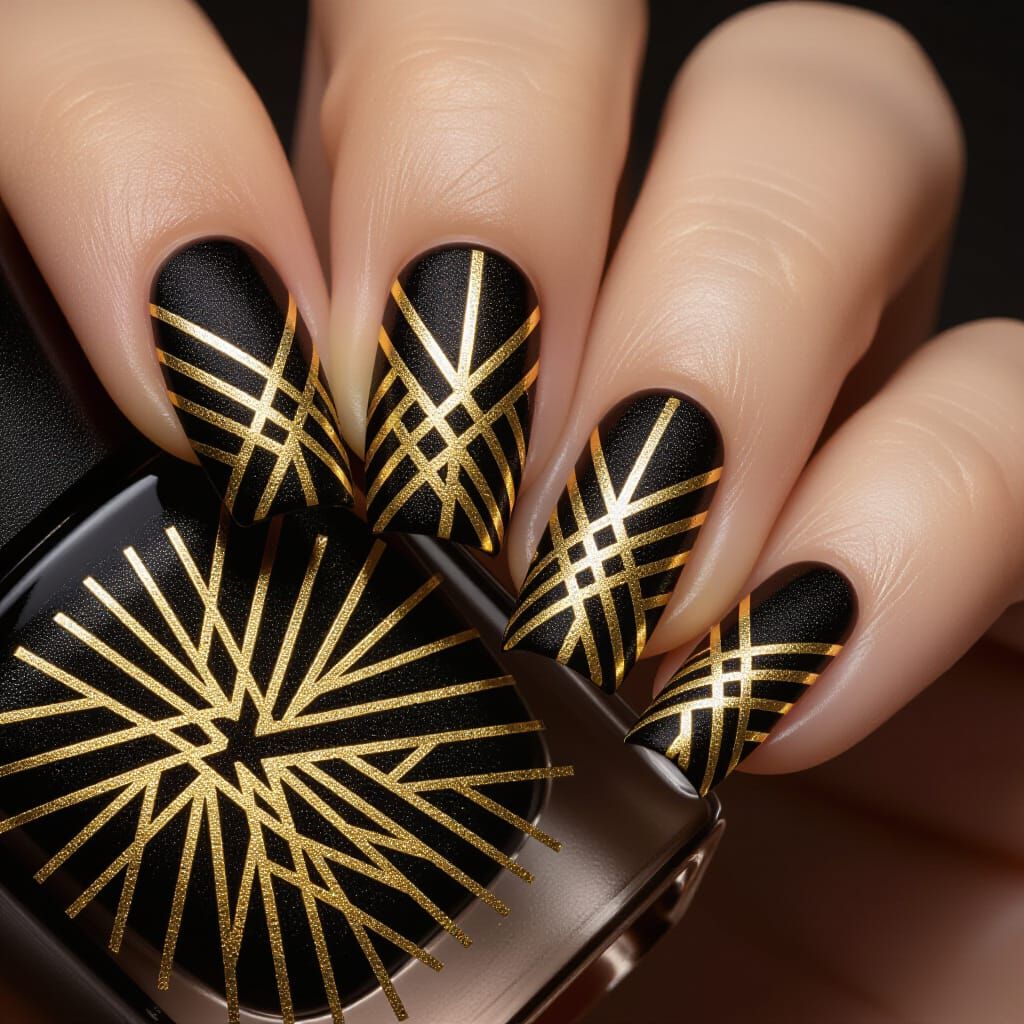 Matte Black Nails with Golden Geometric Art Deco Patterns