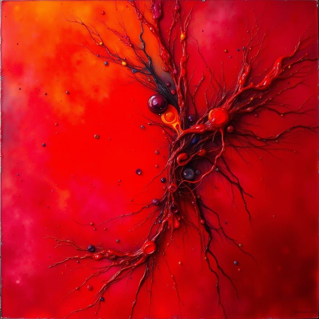 Vibrant Crimson Fae in a Dynamic, Glitchy, Abstract Expressi...