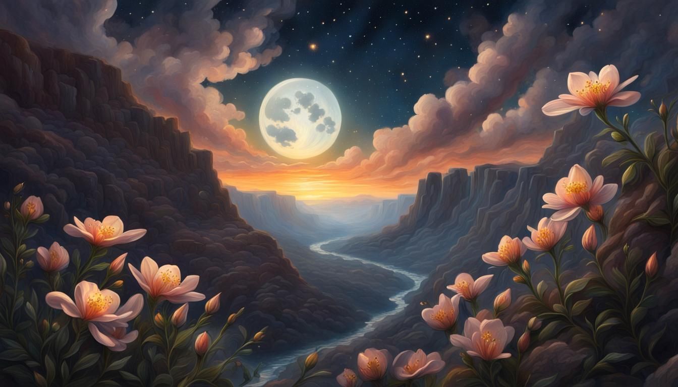 Moonlit Canyon Flower: Detailed Watercolor Painting