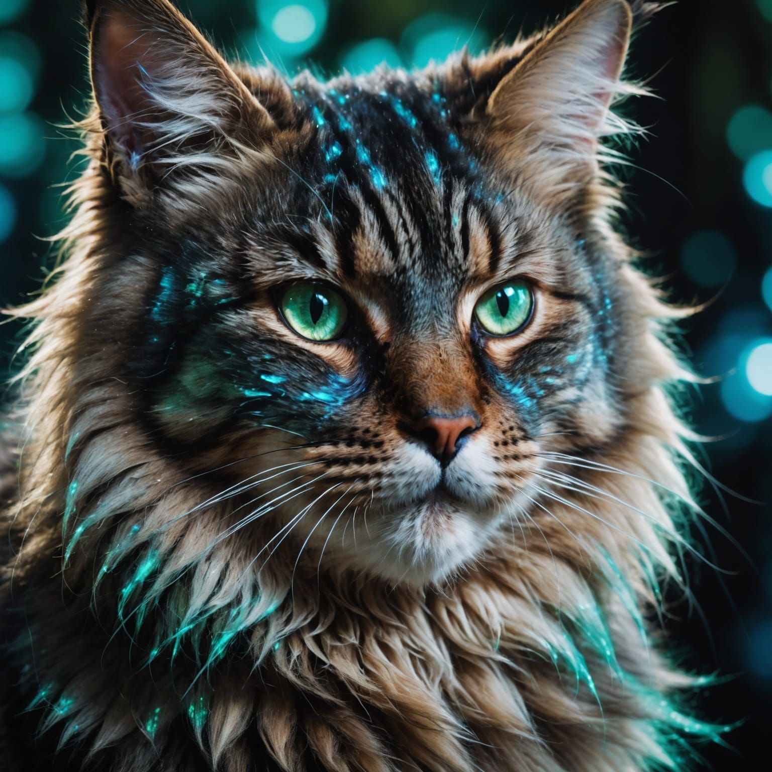 Emerald-Eyed MaineCoon: Guardian of Electric Forest