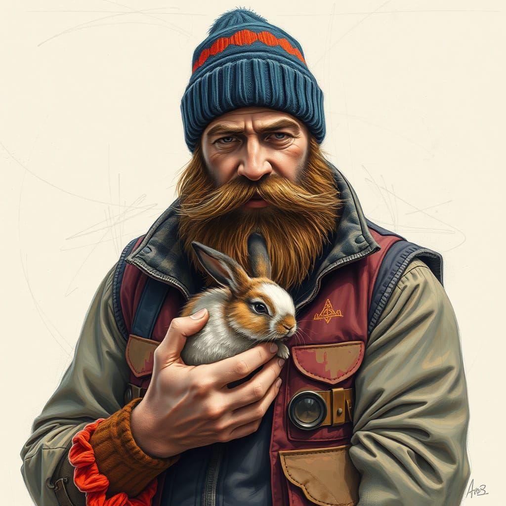 A surreal, classic-style painting of a burly, bearded man we...