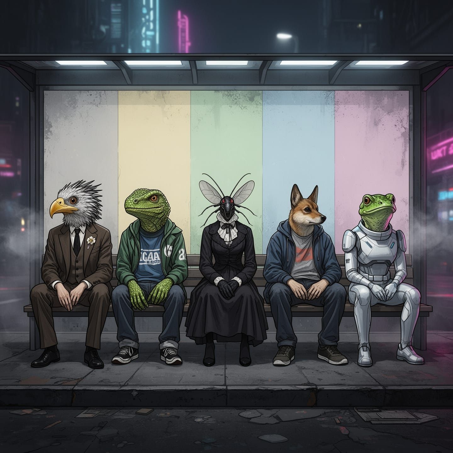 Surreal Animal-Headed Figures at Dystopian Bus Stop