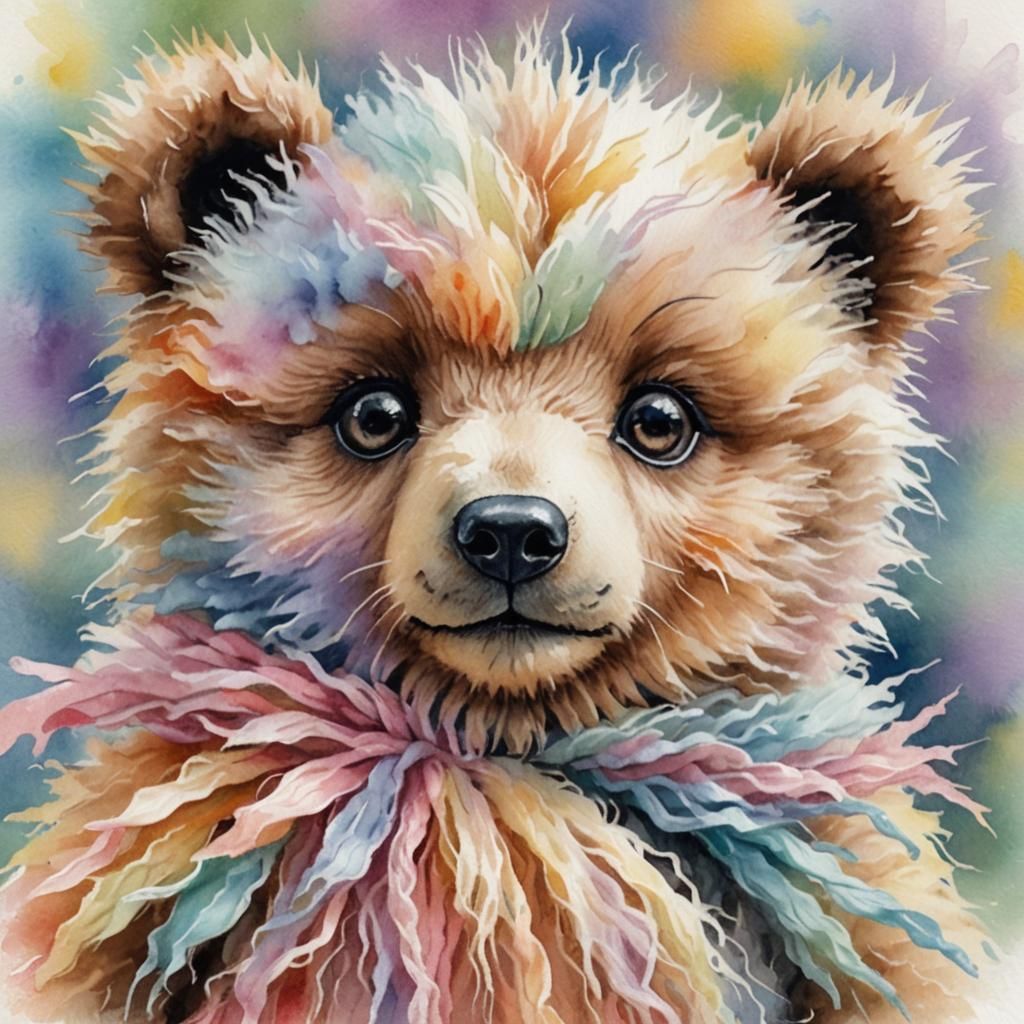 Knitted Teddy Bear Portrait in Watercolor Style