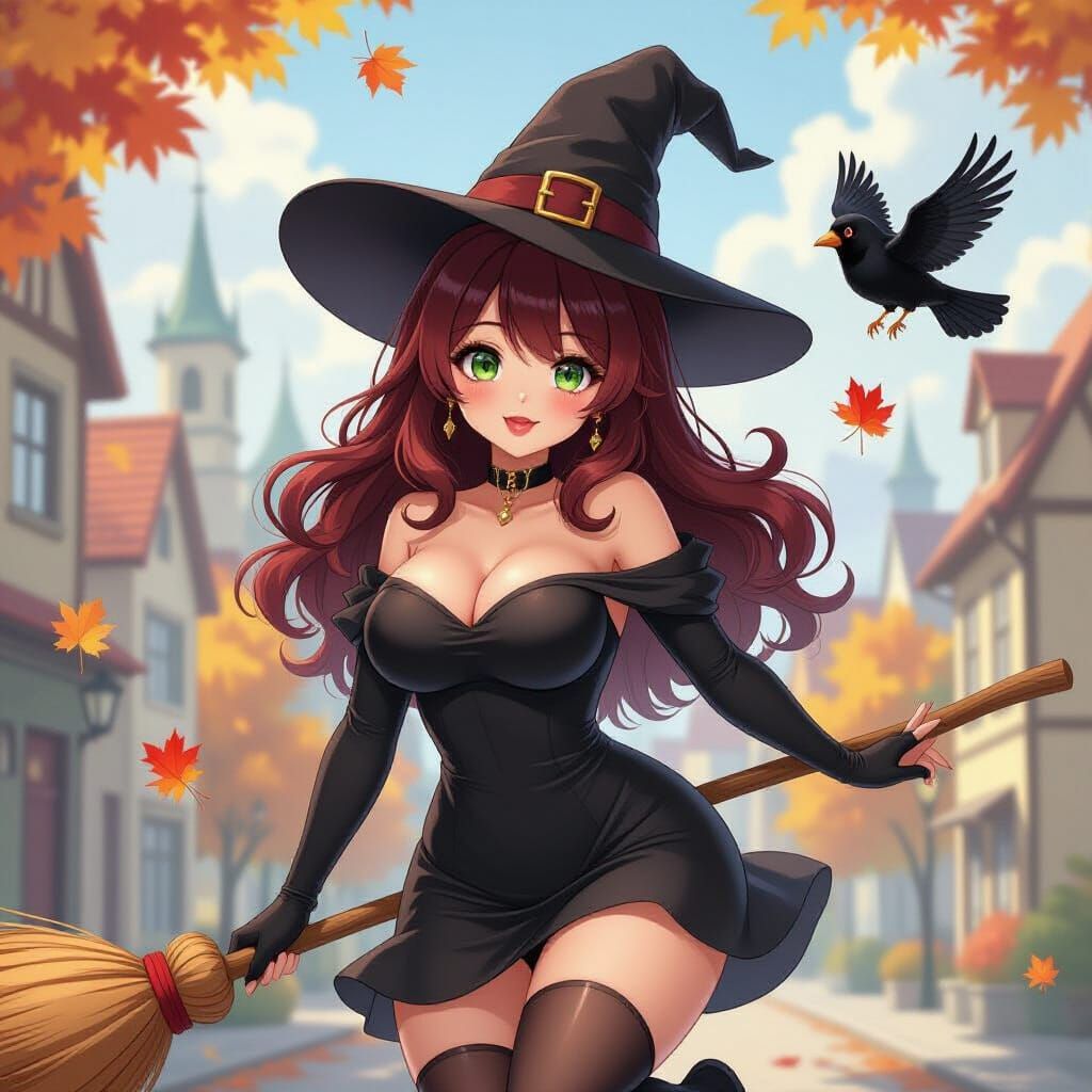 Anime Witch Flies Broom Over Autumn City