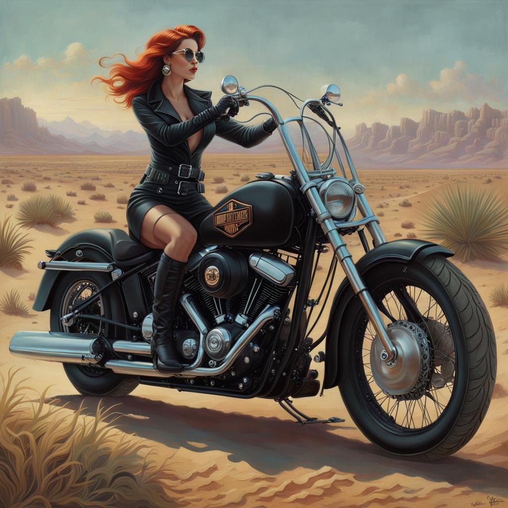 Woman Rides Harley Davidson in Desert Landscape
