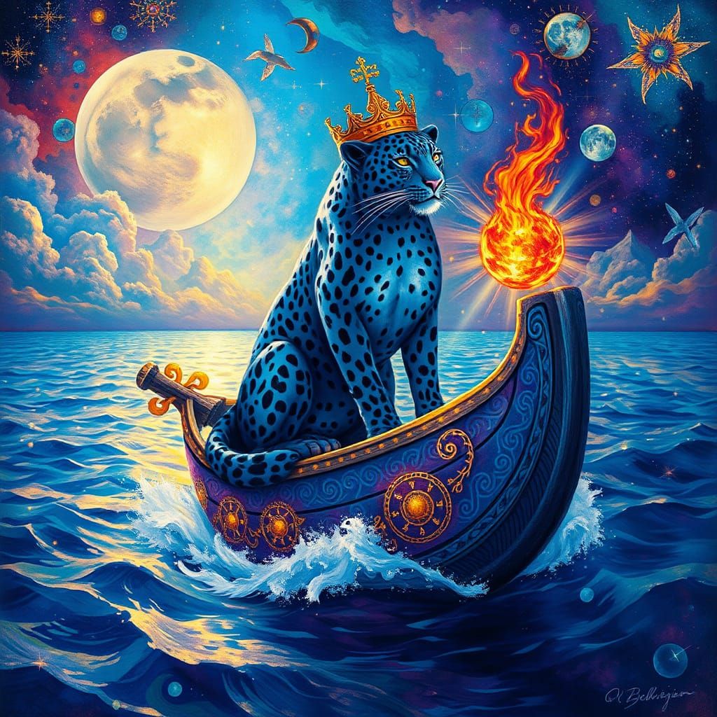 Blue Leopard King Navigating Time, Cosmic Illustration