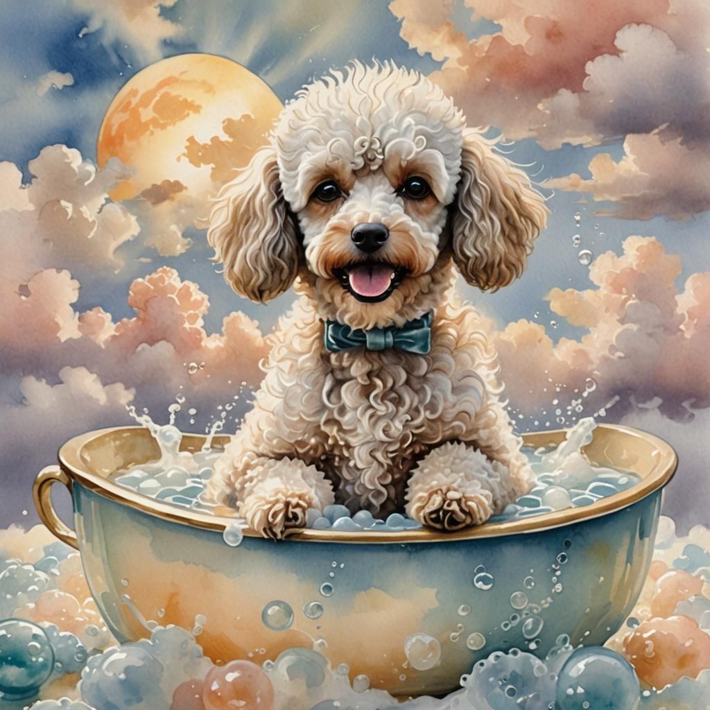 Whimsical Watercolor Poodle in Teacup Cloudscape