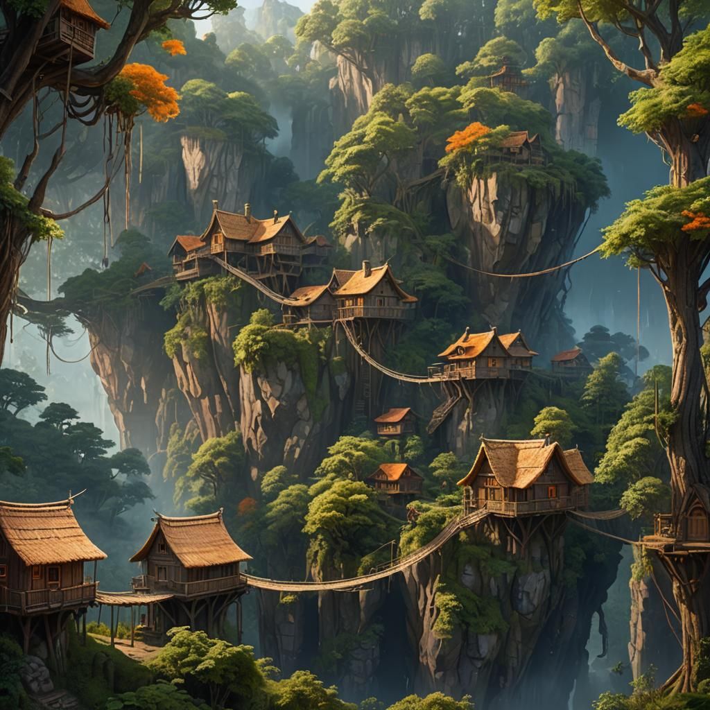 Forest Village in the Treetops: Detailed Matte Painting