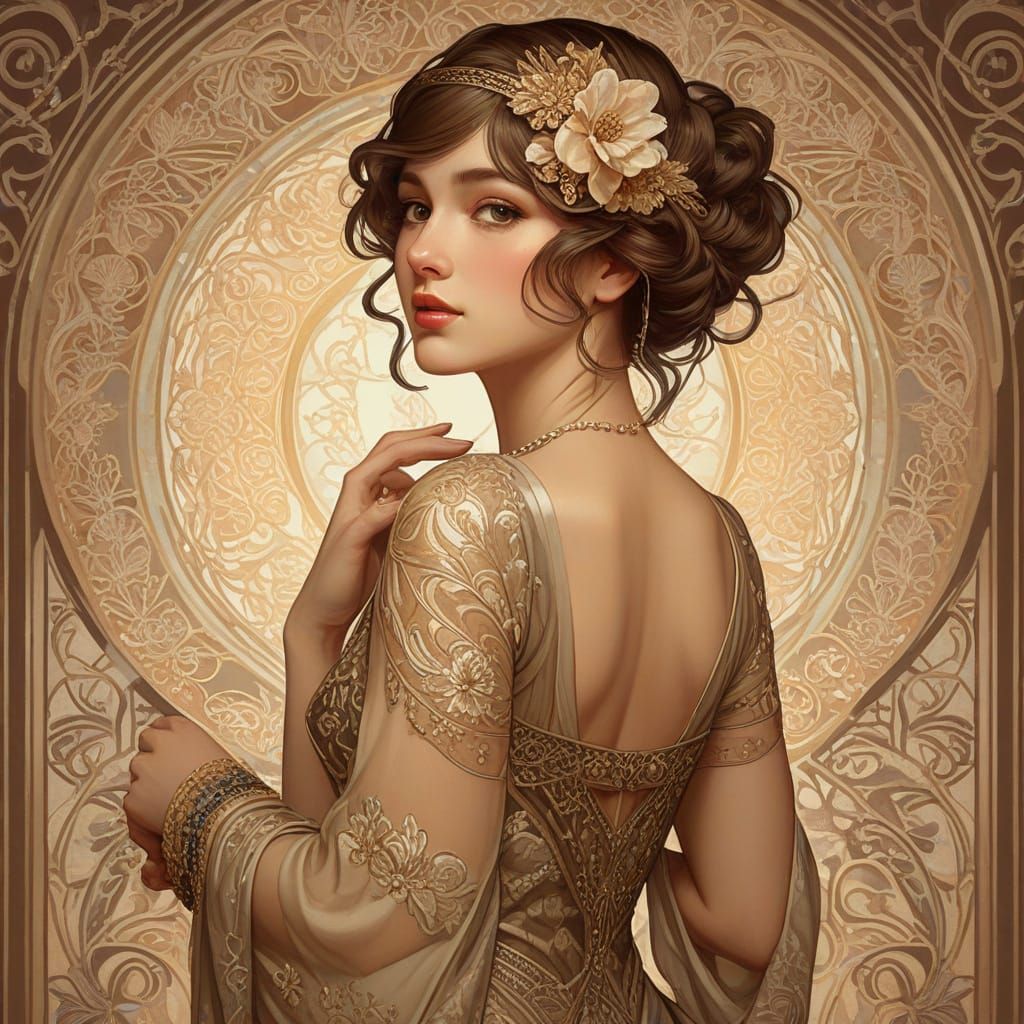 Art Nouveau Portrait of Woman in Mucha Style