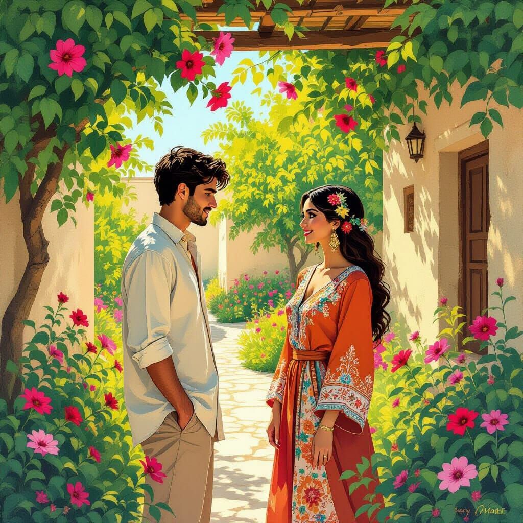 Man and Woman in Lush Arabic Garden
