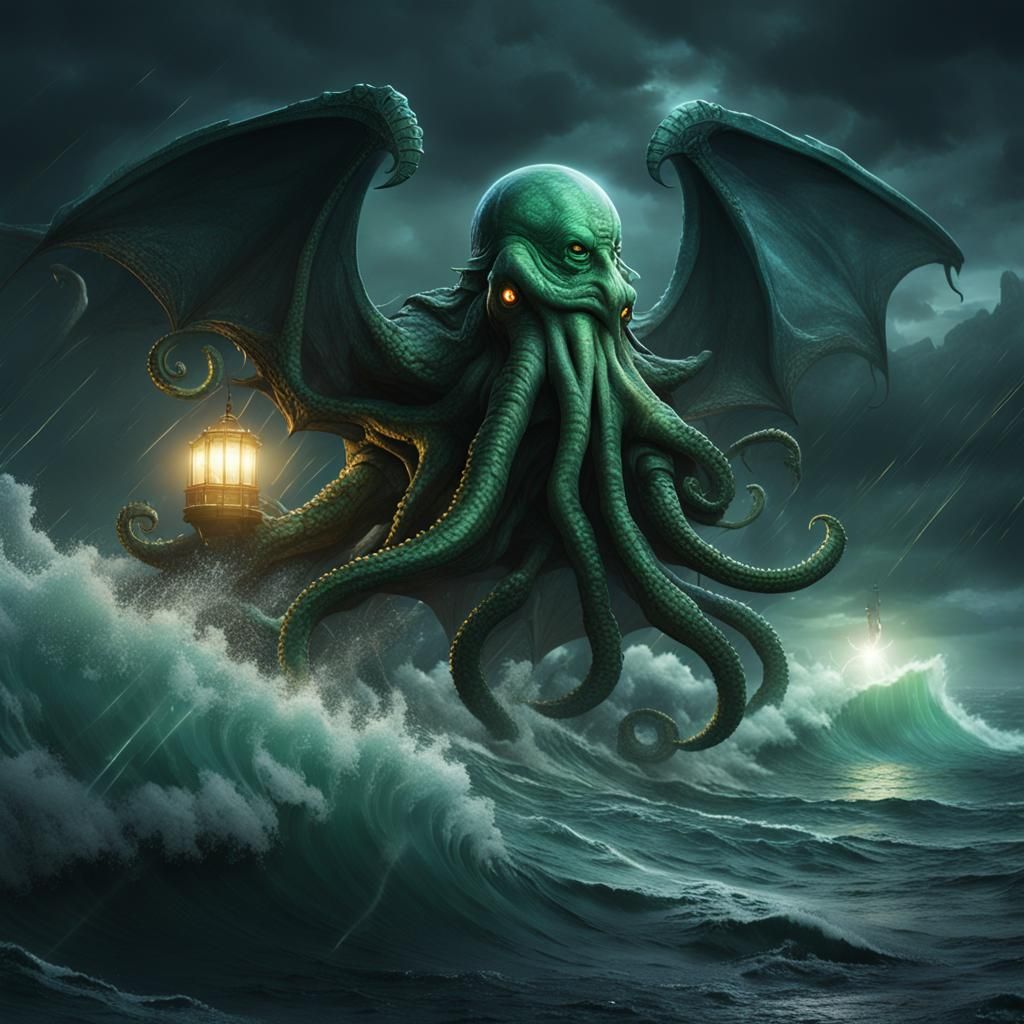 Cthulhu Rises Over Coastal City in Dark Fantasy Art