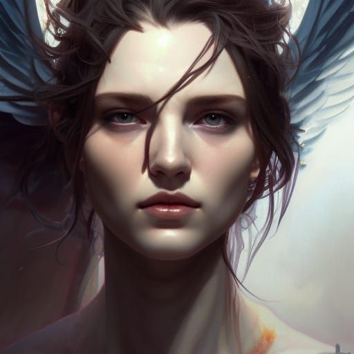 Detailed Portrait of a Fallen Angel in Art Nouveau Style