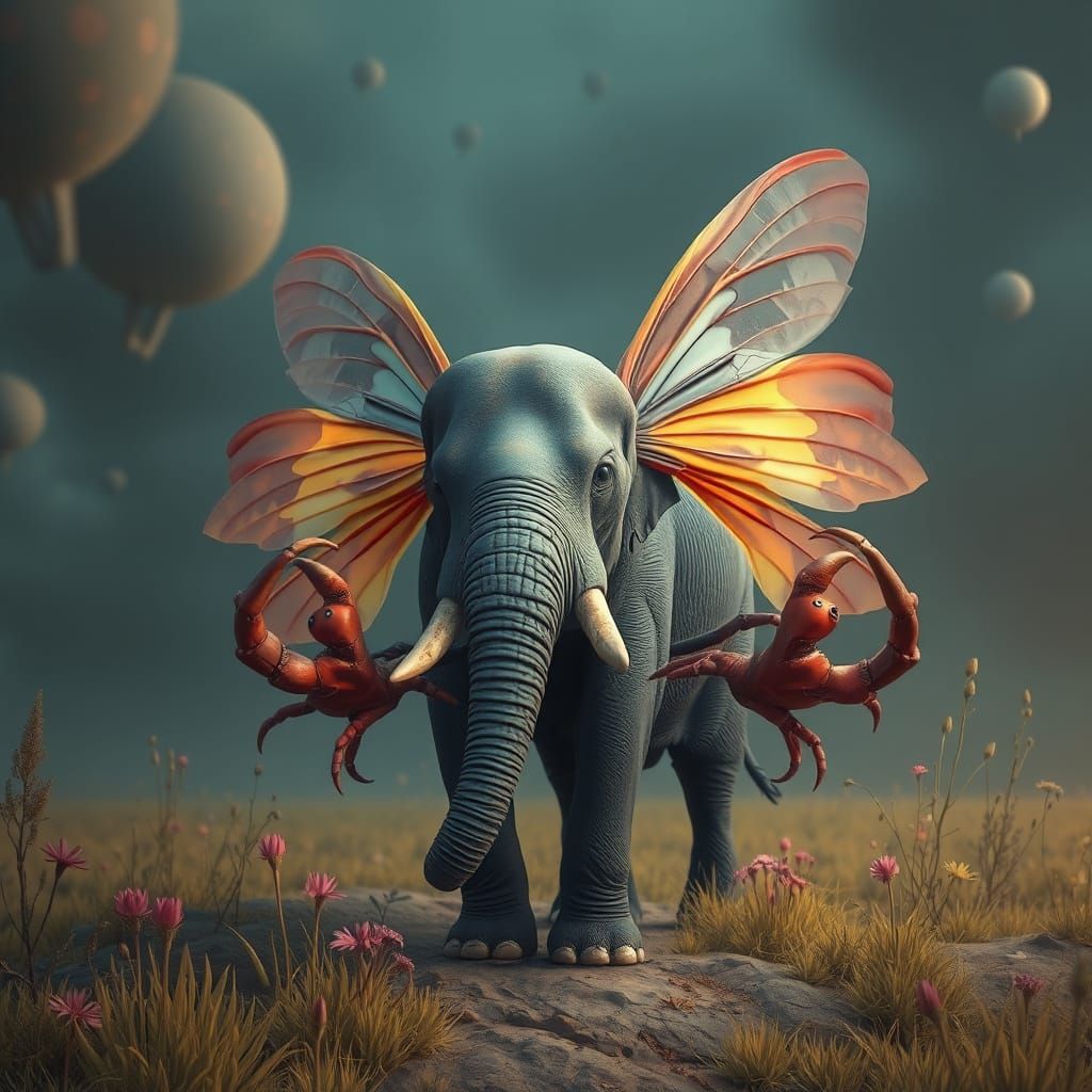Surreal Elephant Fly with Crab Claws