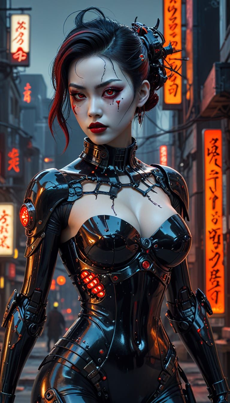Gothic Android in Cyberpunk Cityscape - Gil Elvgren Style