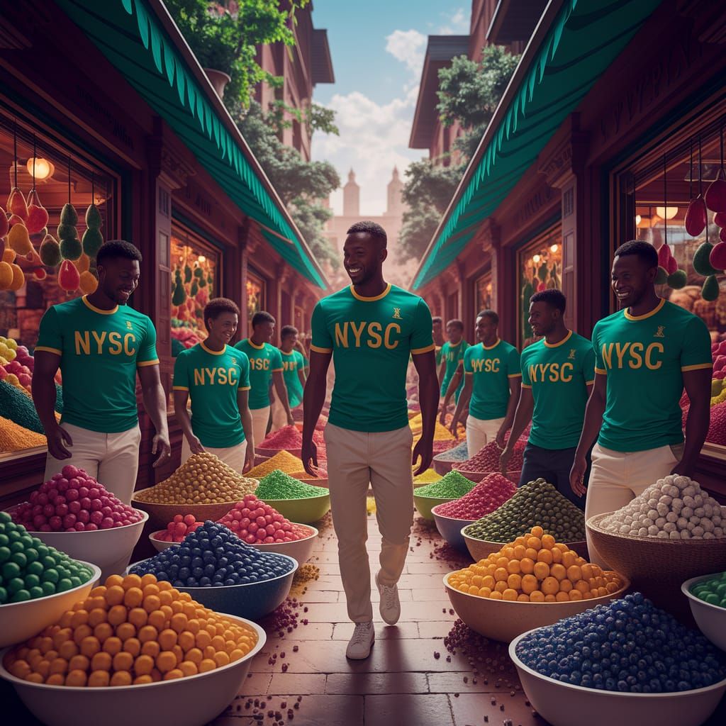 Nigerian NYSC Members in Colorful African Market Scene