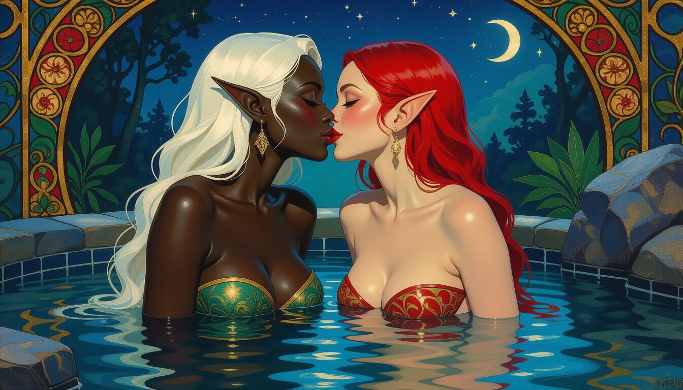 In a hot spring, sitting at full height in bikini, an elf be...