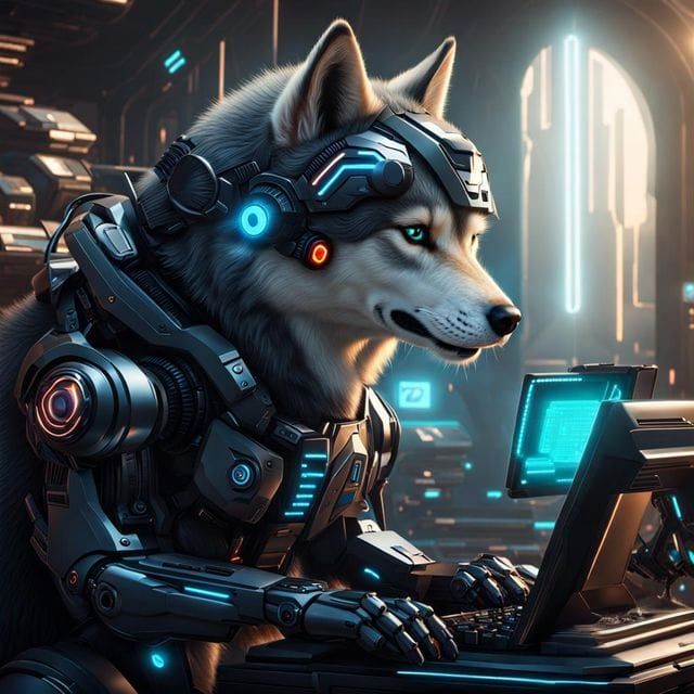 Futuristic AI Wolf Typing Comments with Fluffy Fur