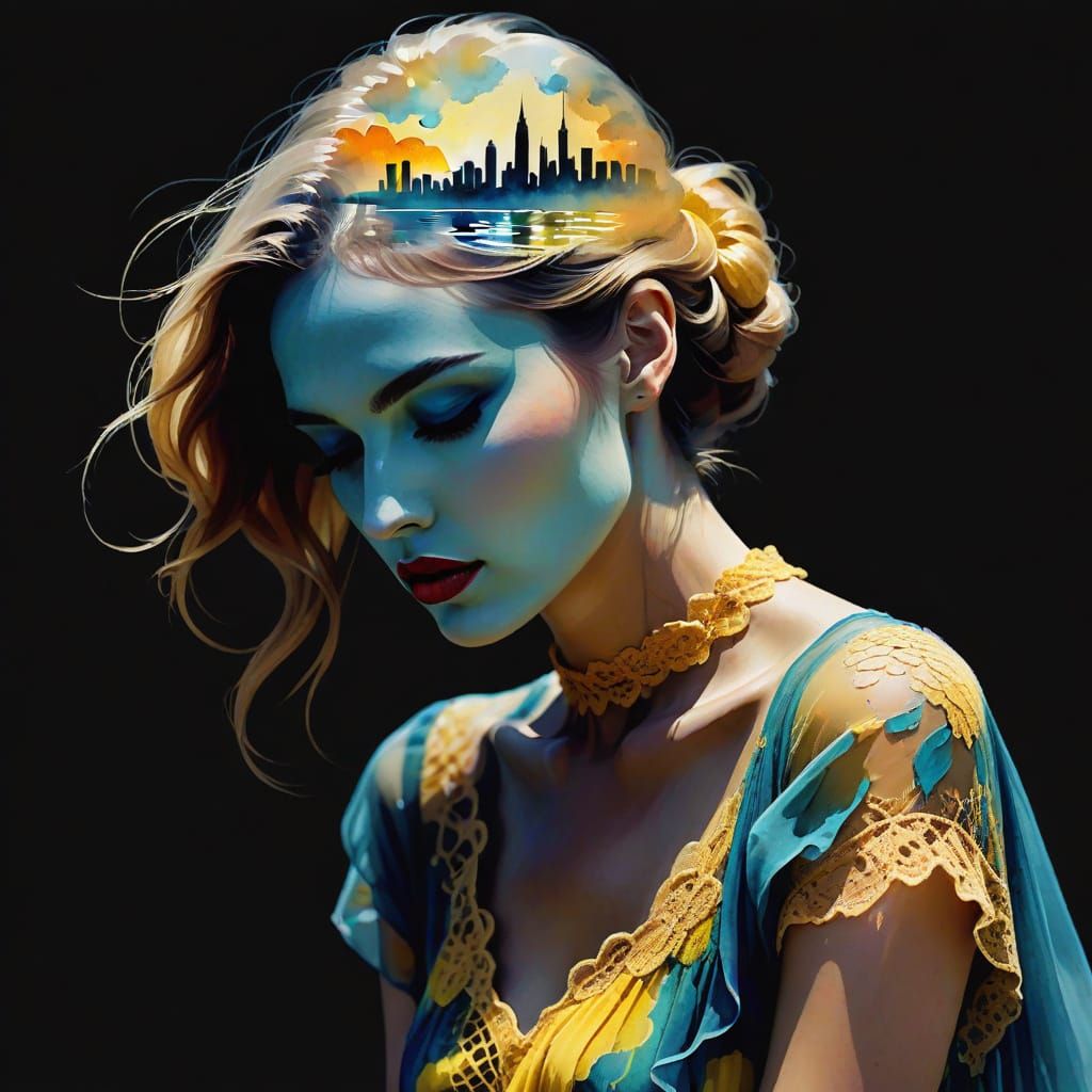 Woman in Chiffon on Beach: Fauvism Watercolor