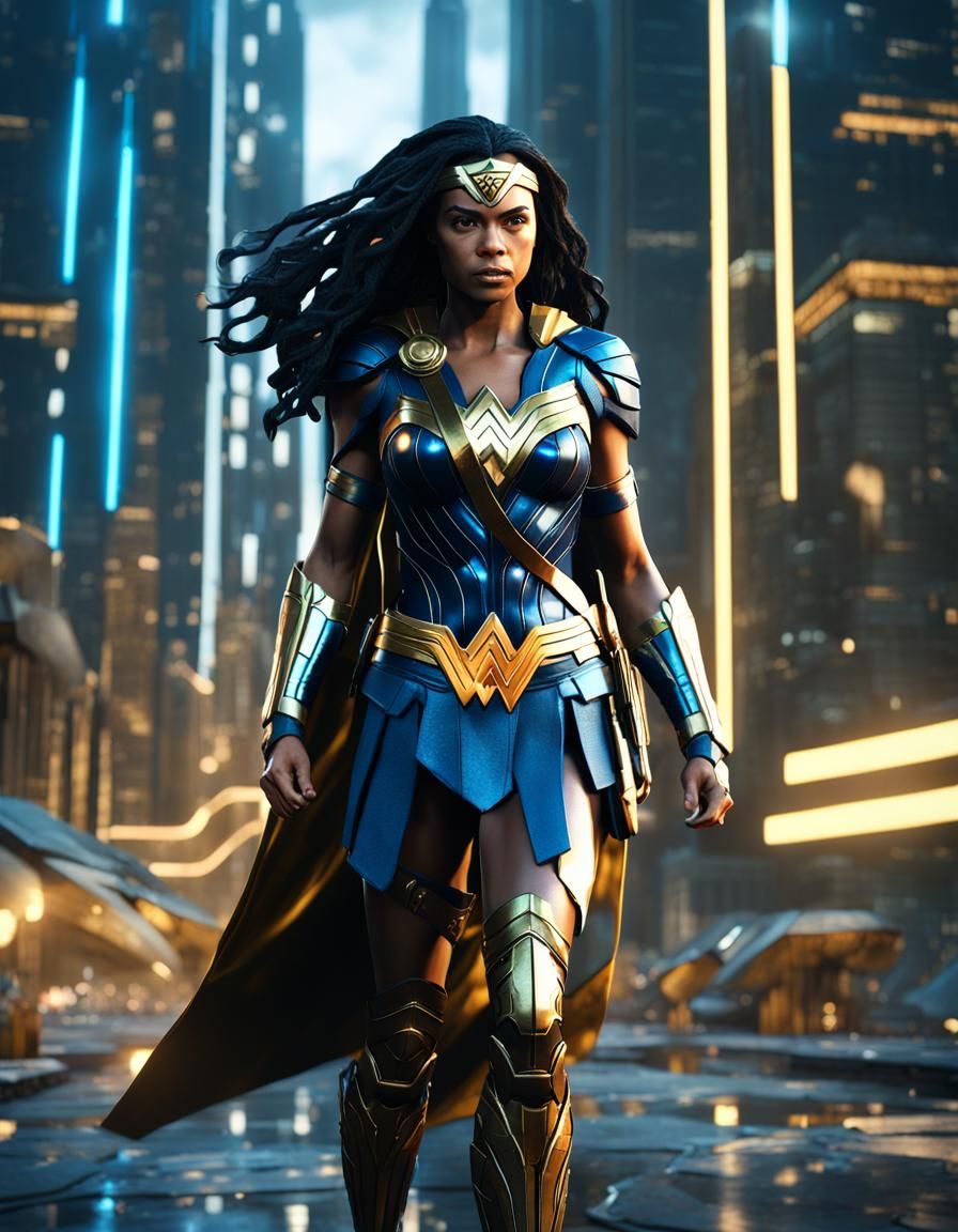 Biracial Wonder Woman in Futuristic City, 3D Game Art